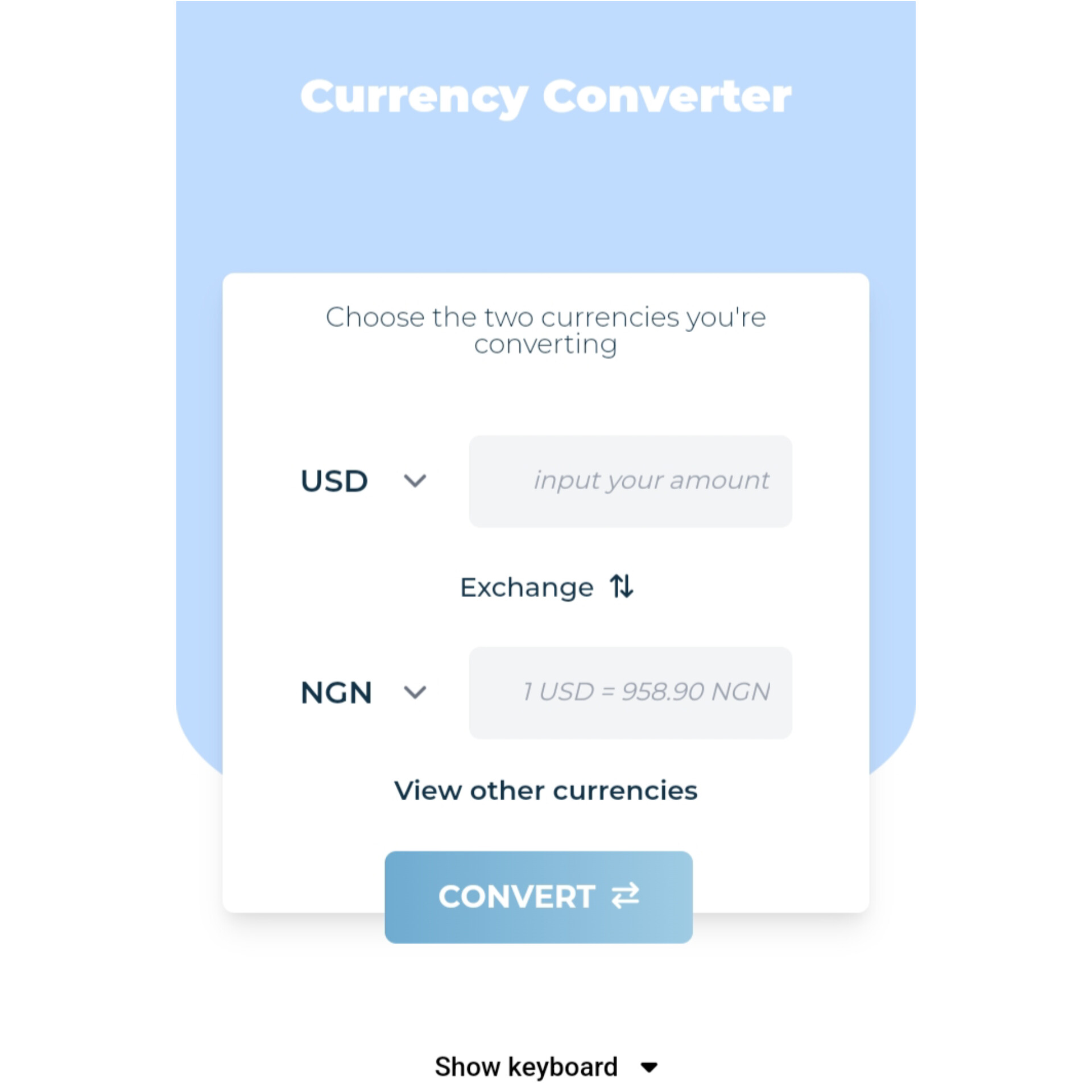 A example of a currency converter UI interface